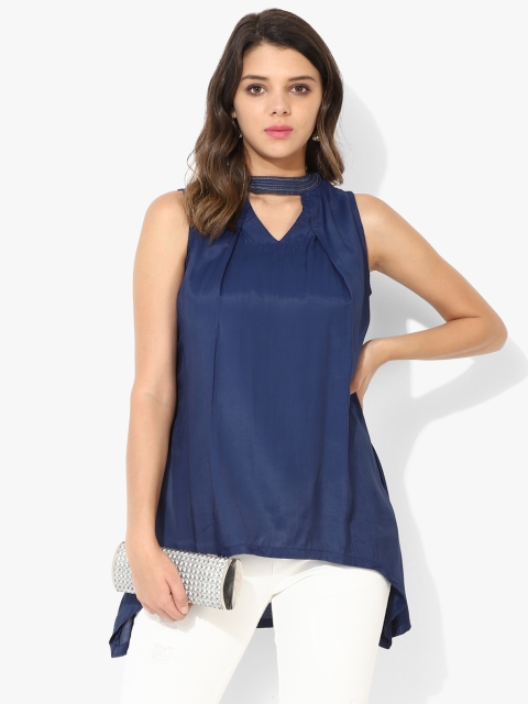 

Rangriti Women Navy Blue Solid Choker Neck High-Low Top