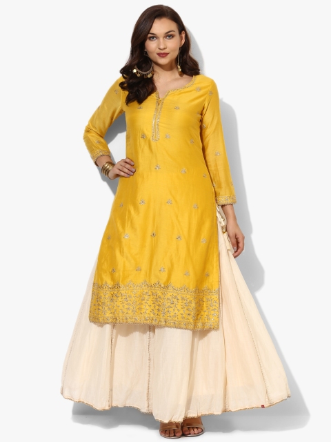 

Biba Women Yellow & Beige Embroidered Kurta & Skirt With Dupatta