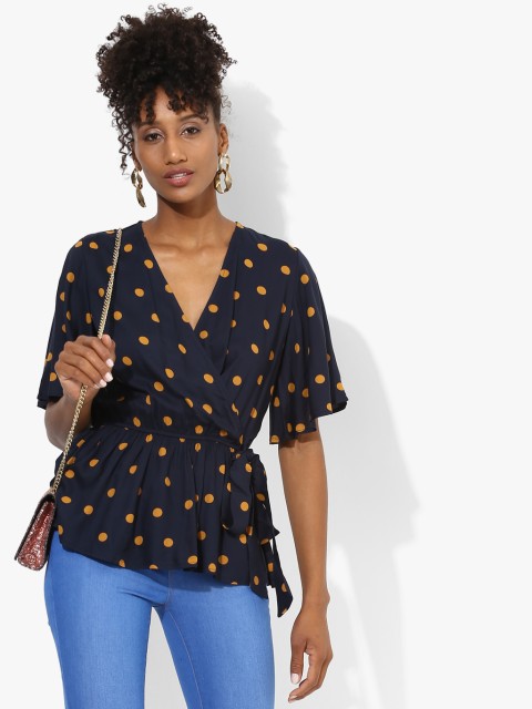 

MIAMINX Women Navy Blue & Orange Polka Dot Print Wrap Top