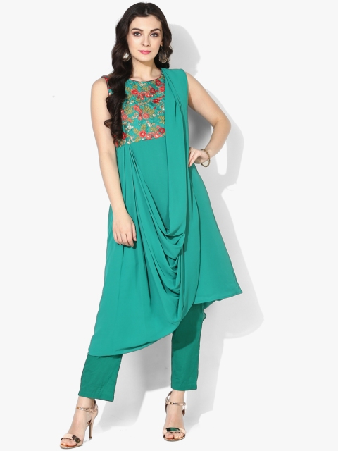 

Biba Women Green Embroidered Kurta With Trousers