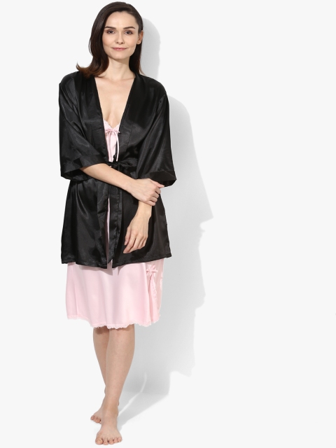 

Bwitch Women Black & Pink Solid Lace Inserted Nightdress With Robe