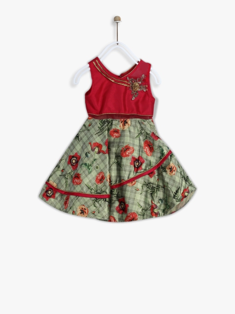 

Priyank Girls Olive Green & Red Printed Fit and Flare Dress With Embellishments