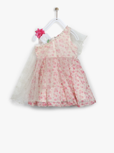 

Priyank Girls Cream-Coloured & Pink Printed Layered Net Detail Fit and Flare Dress