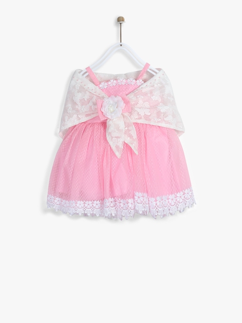 

Priyank Girls Pink Self Design Fit and Flare Dress With Scarf