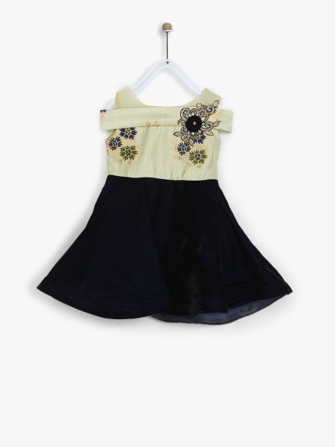 

Priyank Girls Navy Blue & Beige Embroidered Fit and Flare Dress
