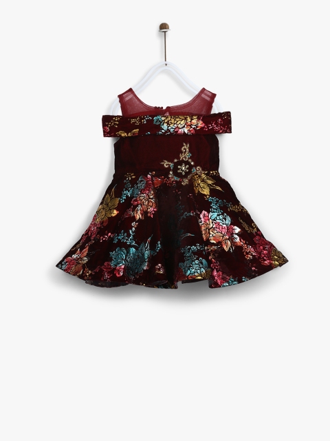 

Priyank Girls Burgundy & Teal Blue Printed Fit and Flare Dress