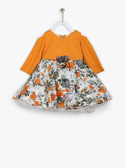 

Priyank Girls Mustard Yellow & White Printed Fit and Flare Dress