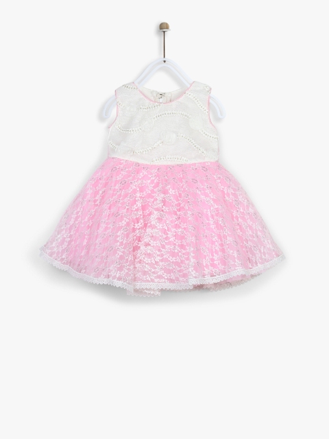 

Priyank Girls White & Pink Self Design Fit and Flare Dress