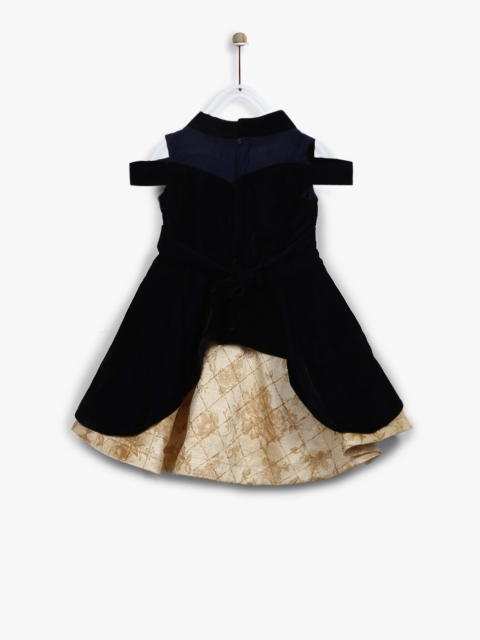 

Priyank Girls Navy Blue& Beige Solid Cold Shoulder Fit and Flare Dress