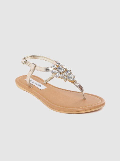 

Steve Madden Women Gold-Toned Embellished Leather T-Strap Flats
