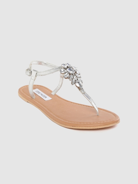 

Steve Madden Women Silver-Toned Embellished Leather T-Strap Flats