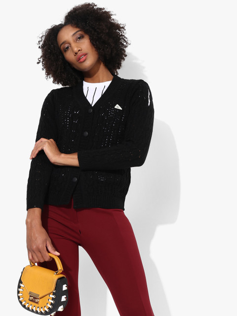 

Monte Carlo Women Black Self Design Cardigan Sweater