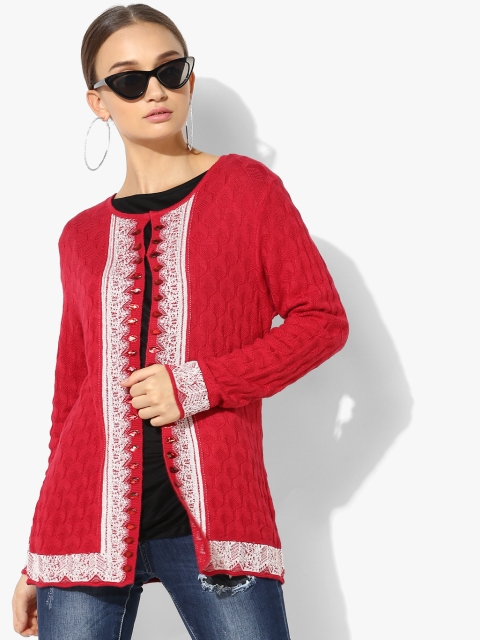

Monte Carlo Women Red Self Design Cardigan Sweater