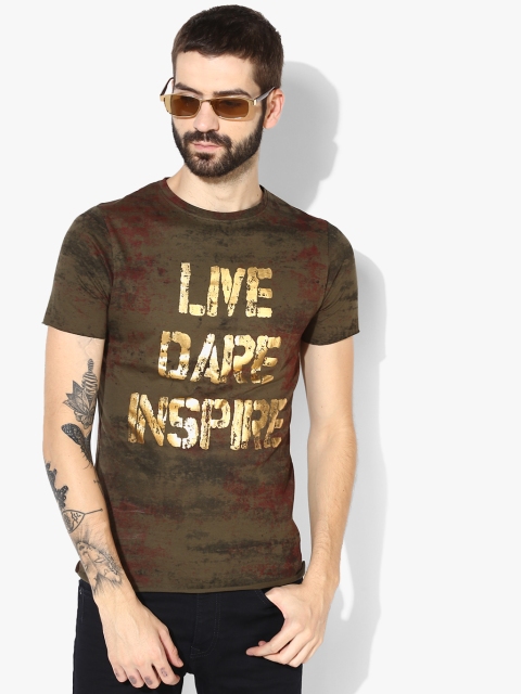 

YWC Men Olive Green & Golden Printed Round Neck T-shirt