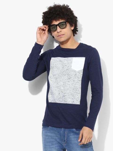 

YWC Men Navy Blue & White Printed Round Neck T-shirt