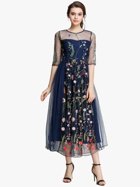 

JC Collection Women Navy Blue Embroidered Maxi Dress