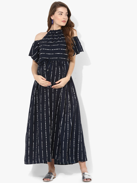 

Preggear Women Navy Blue & White Striped Maternity Maxi Dress