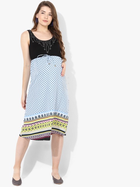 

Preggear Women Black & White Printed Maternity Midi Empire Dress