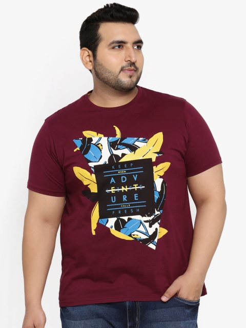 

aLL Men Burgundy & Yellow Printed Round Neck T-shirt