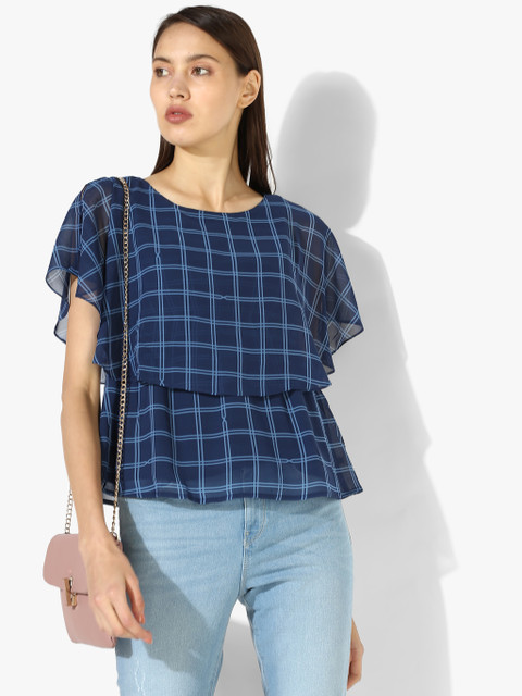 

United Colors of Benetton Women Navy Blue Checked Cape Top