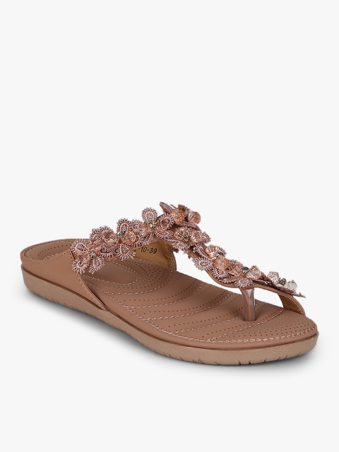 

KetImporta Women Beige Crotia Flower Embellished T-Strap Flats