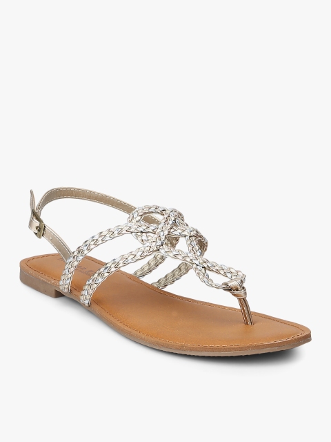 

Steve Madden Women Gold-Toned & Grey Woven Design Leather T-Strap Flats