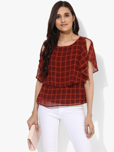 

United Colors of Benetton Women Maroon & Orange Checked Top