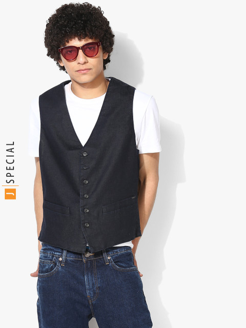 

GAS Men Black Solid V-Neck Tailored Jacket