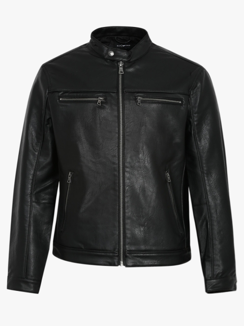 

GAS Men Black Solid Biker Jacket With Zip Detail