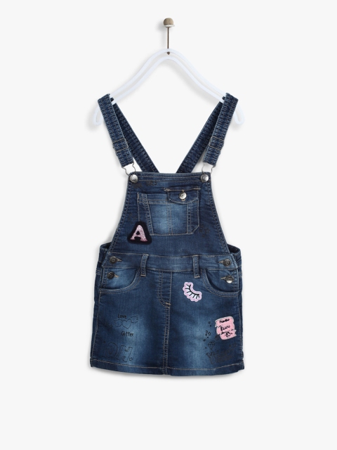 

Losan Girls Navy Blue Washed & Printed Denim Pinafore Dress