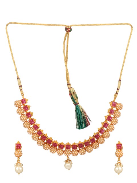 

Adwitiya Collection Red Gold-Plated Antique Pearl Studded Jewellery Set