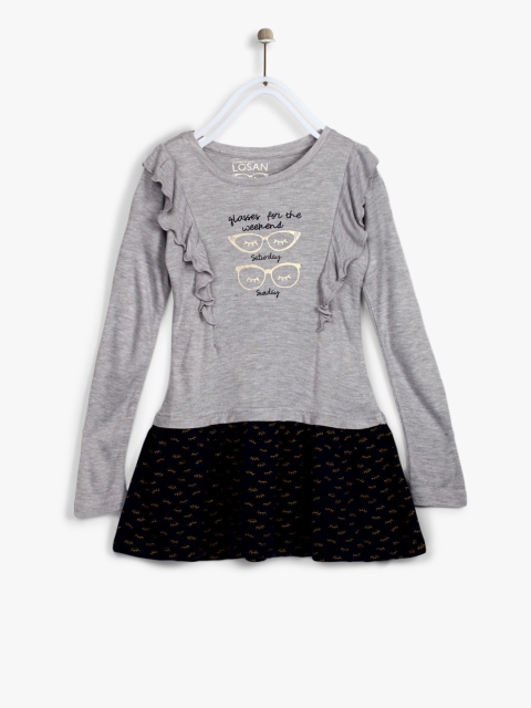 

Losan Girls Grey Melange & Black Printed A-Line Dress