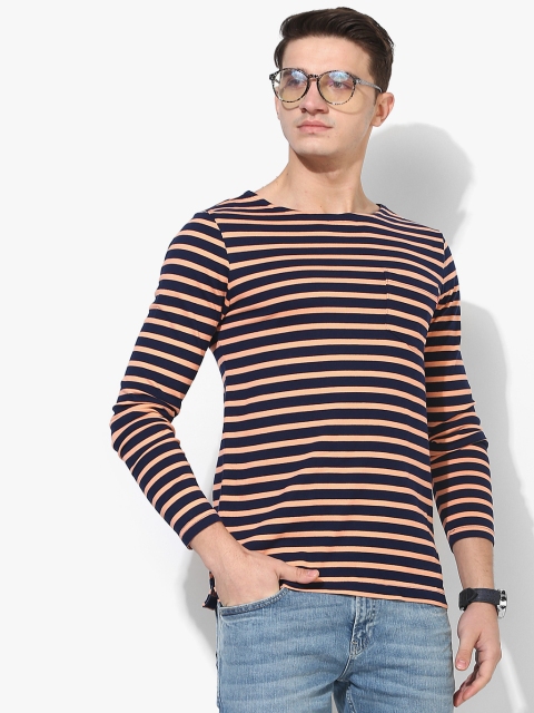 

Scotch & Soda Men Navy Blue & Orange Striped Regular Fit Round Neck T-Shirt