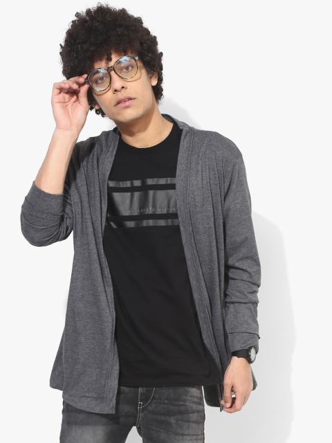 

YWC Men Charcoal Grey Self Design Open Front Jacket