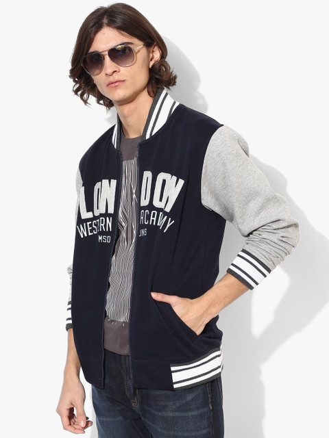 

Oxemberg Men Navy Blue & Grey Melange Applique Detail Sweatshirt