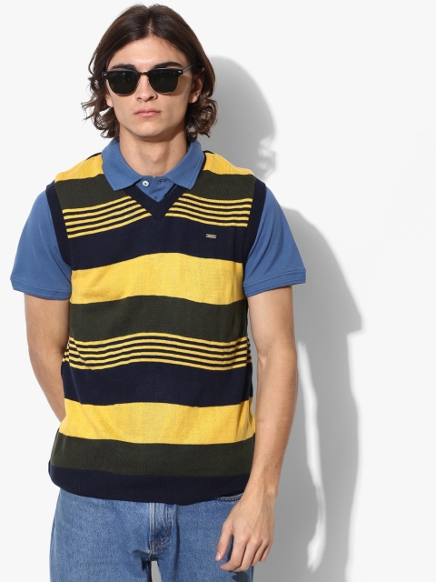 

Oxemberg Men Black & Mustard Yellow Striped V-Neck Sweater Vest, Multi