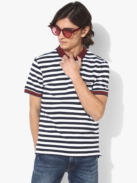 

GAS Men Off White & Navy Blue Striped Regular Fit Polo T-Shirt