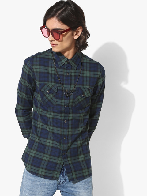 

GAS Men Navy Blue & Olive Checked Slim Fit Casual Shirt