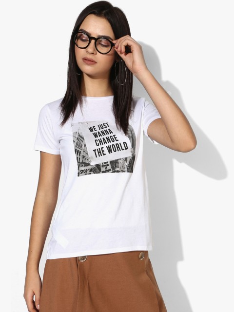 

MANGO Women Off-White & Black Printed Round Neck T-Shirt