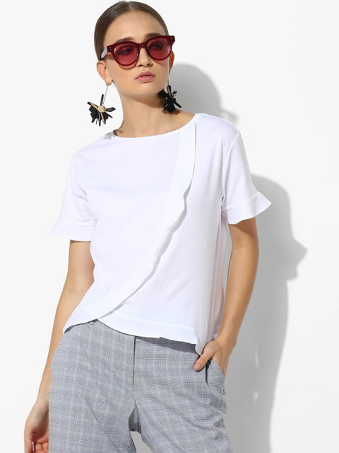 

MANGO Women White Solid Wrap Pure Cotton Top