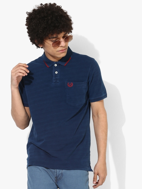 

John Miller Men Navy Blue Self-Striped Polo Collar T-Shirt