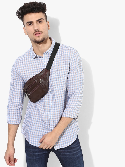 

John Miller Men White & Blue Checked Slim Fit Casual Shirt