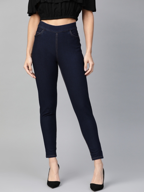 omen Navy Solid Slim Fit Denim Treggings