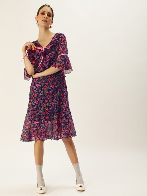 

Antheaa Women Navy Blue & Pink Printed Fit and Flare Dress with Ruffle Detail