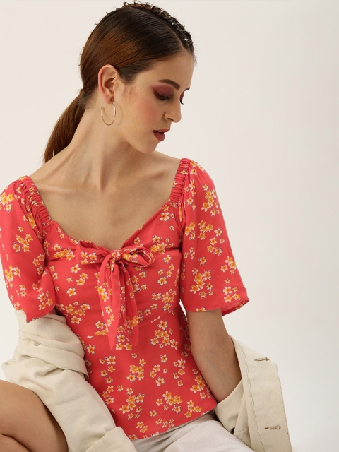 

Antheaa Women Coral Red & Mustard Yellow Printed Peplum Top With Front Knot