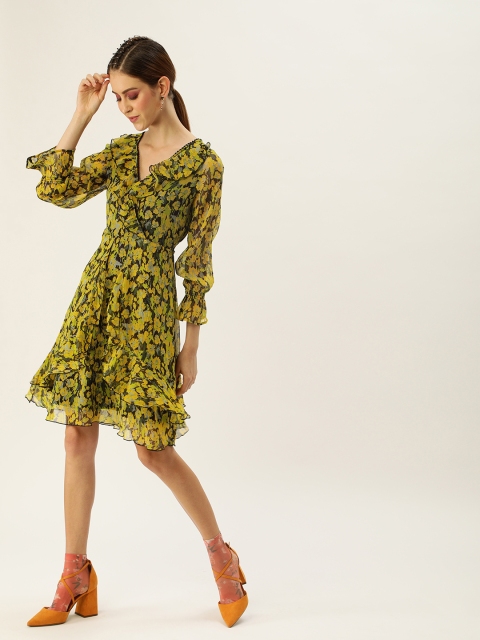 

Antheaa Women Yellow & Black Printed Layered Wrap Dress with Ruffle Detail