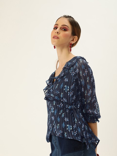 

Antheaa Women Navy Blue & Pink Printed Wrap Top with Ruffles Detail