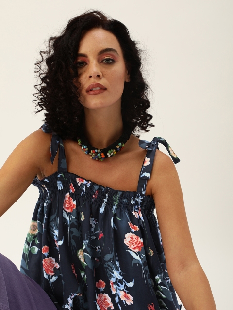 

Antheaa Women Navy Blue & Red Printed Smocked A-Line Top