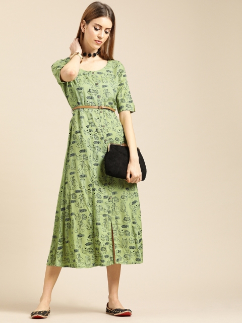 

Varanga Women Sea Green & Black Quirky Print A-Line Dress
