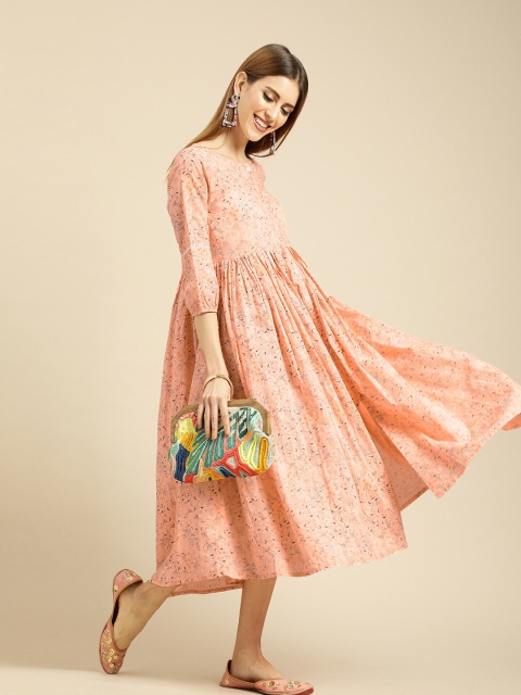 

Varanga Women Peach-Coloured & Black Floral Print Fit and Flare Dress with Gathered Detail